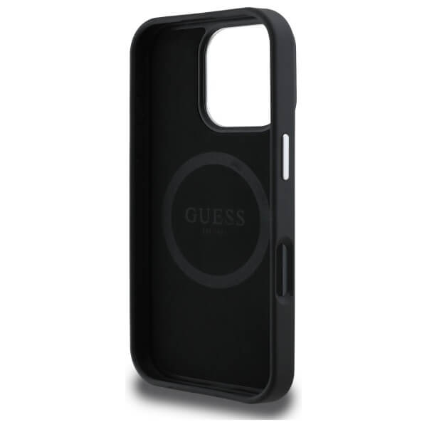 Guess iPhone 16 Pro Max - Grained Triangle MagSafe - Σκληρή Θήκη με Επένδυση Συνθετικού Δέρματος και Πλαίσιο Σιλικόνης - Black - GUHMP16XPGTSPSK