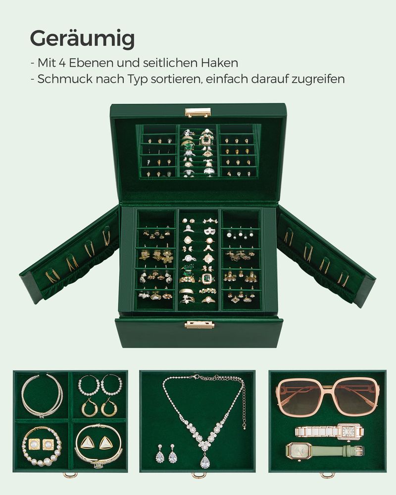 Songmics Φορητό Κουτί Αποθήκευσης Κοσμημάτων 4 Επιπέδων με Καθρέπτη και Κλειδαριά - Vintage Green - JBC159C01