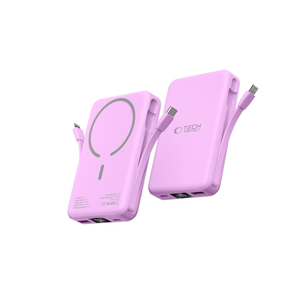 Tech-Protect PB31 Lifemag Ασύρματο MagSafe PowerBank Κινητού 10000 mAh με Ενσωματωμένο Καλώδιο Type-C και Lightning - Lavender