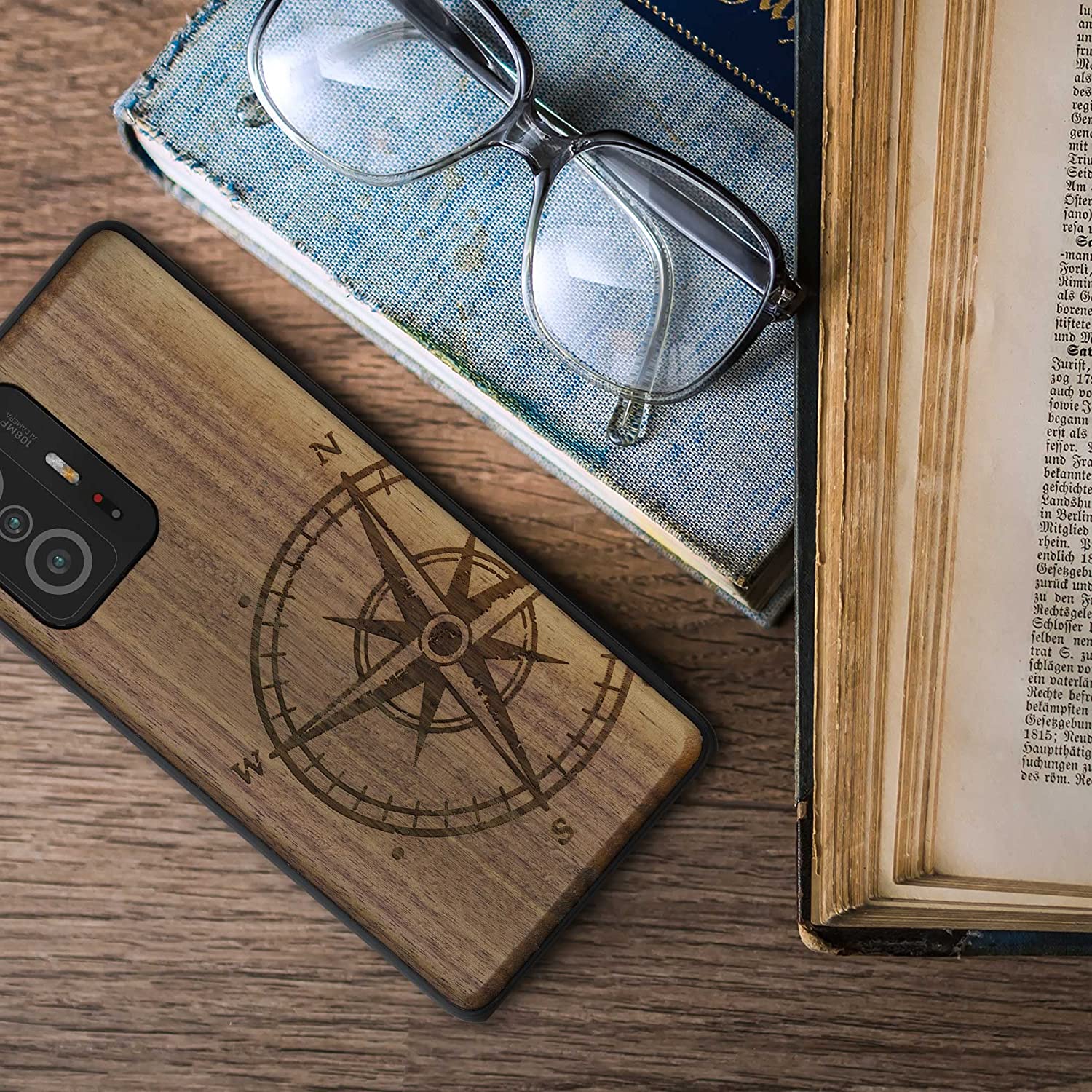 KW Xiaomi 11T / 11T Pro Θήκη από Φυσικό Ξύλο - Design Navigational Compass - Dark Brown - 56795.02