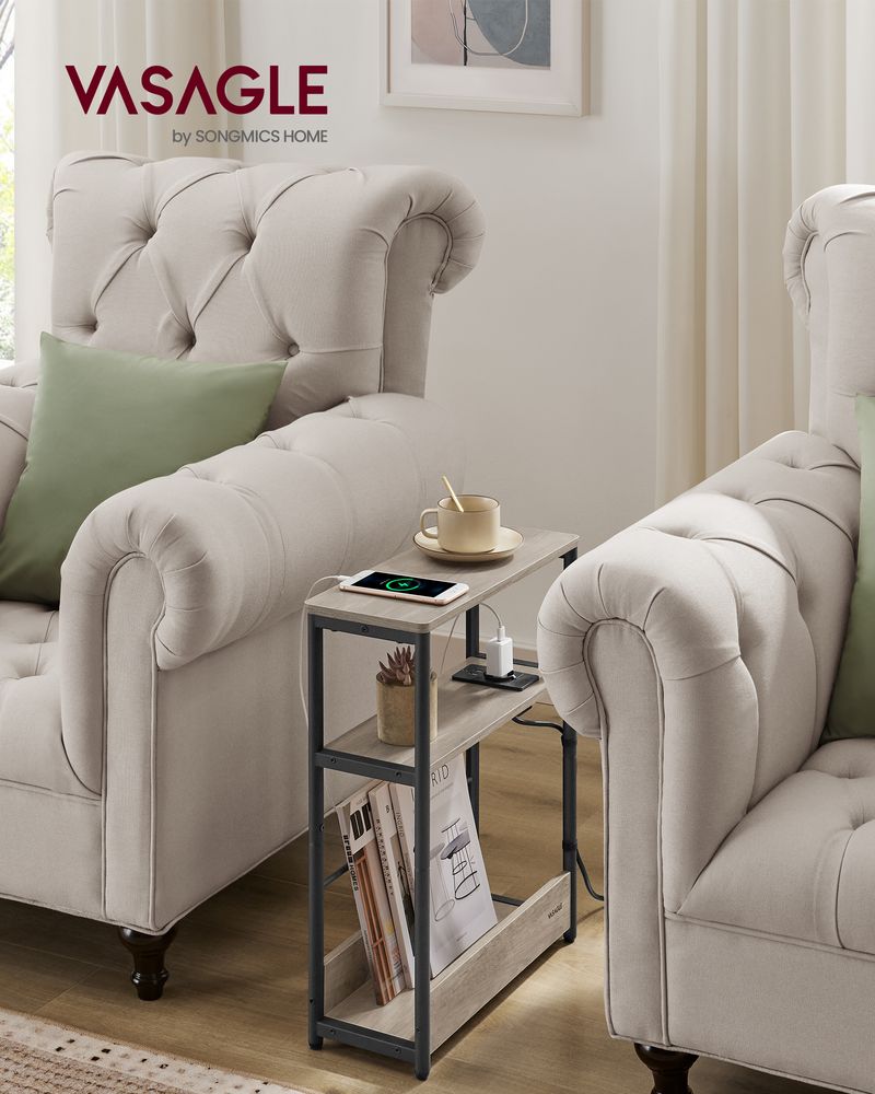 Vasagle Στενό Βοηθητικό Τραπεζάκι με Ενσωματωμένο Πολύπριζο με 1 Θύρα AC και 2 Θύρες USB - Greige Mottled / Ink Black - LET335LK02