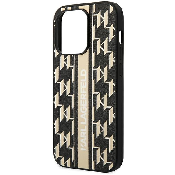 Karl Lagerfeld iPhone 14 Pro - Monogram Stripe Σκληρή Θήκη με Επένδυση Συνθετικού Δέρματος και Πλαίσιο Σιλικόνης - Brown - KLHCP14LPGKLSKW