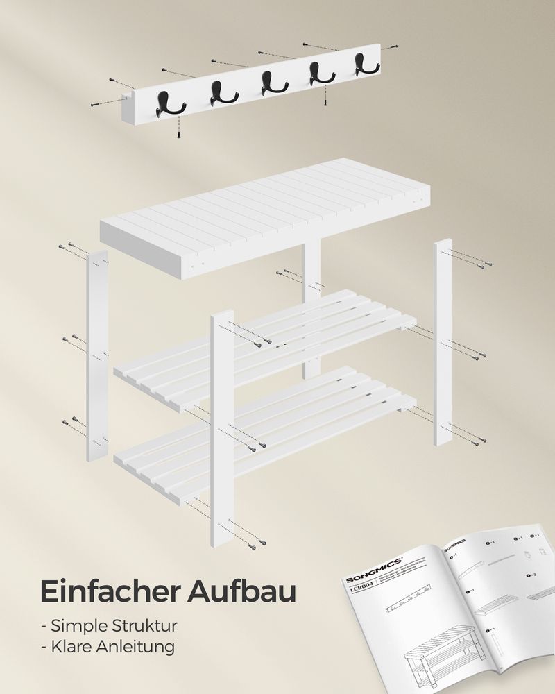 Songmics Σετ με Επιτοίχια Κρεμάστρα με Ράφι και Παπουτσοθήκη με 2 Ράφια και Κάθισμα - Cloud White - LCR004W01