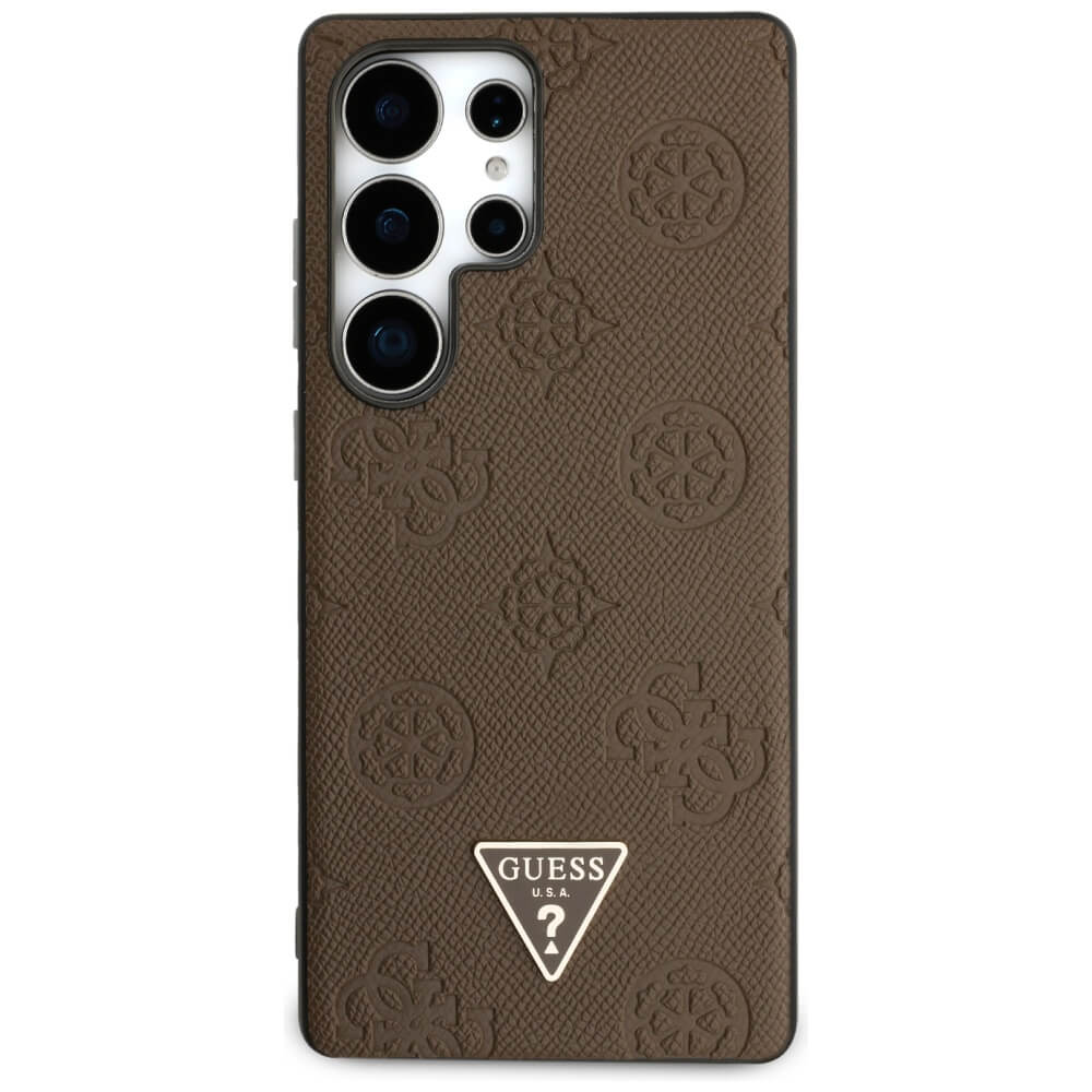Guess Samsung Galaxy S25 Ultra - Grained Hot Stamp Peony Pattern Triangle Logo - MagSafe Σκληρή Θήκη με Πλαίσιο Σιλικόνης και Συνθετικό Δέρμα - Brown - GUHMS25LPGBTMW