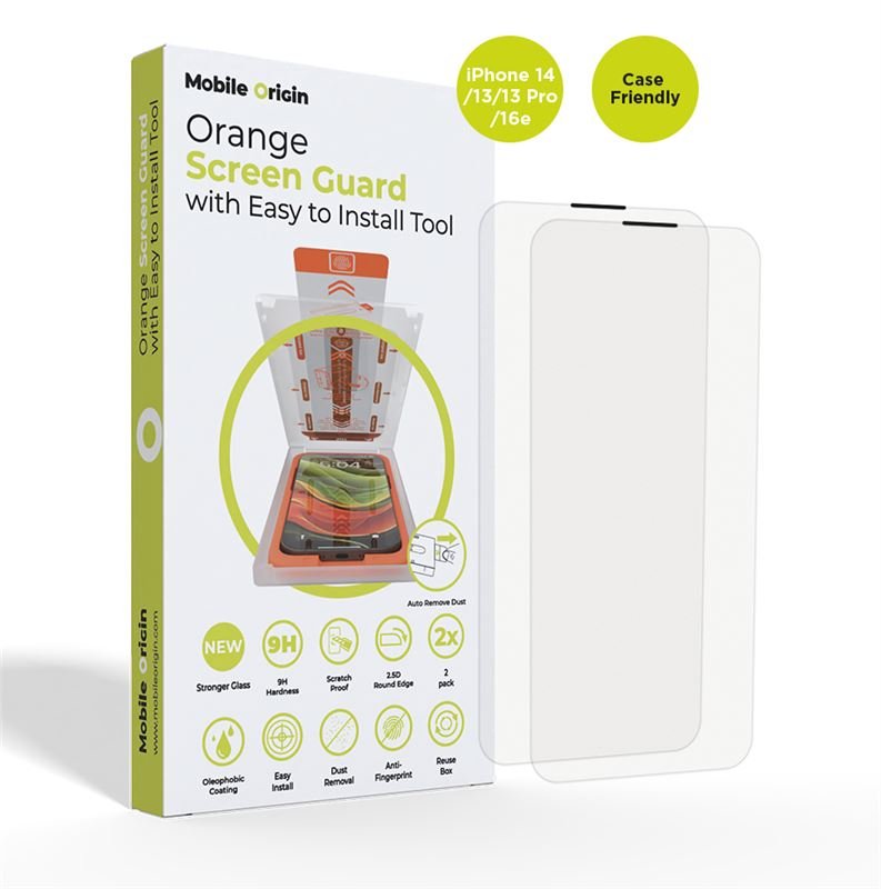 Mobile Origin iPhone 16e / 14 / 13 / 13 Pro Screen Guard 9H Αντιχαρακτικό Γυαλί Οθόνης με Κιτ Εγκατάστασης - 2 Τεμάχια - Clear