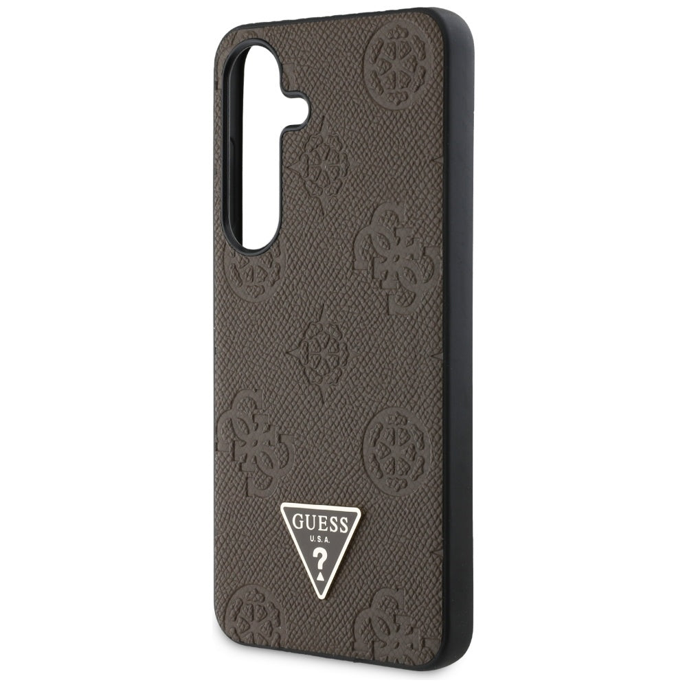 Guess Samsung Galaxy S25 - Grained Hot Stamp Peony Pattern Triangle Logo - MagSafe Σκληρή Θήκη με Πλαίσιο Σιλικόνης και Συνθετικό Δέρμα - Brown - GUHMS25SPGBTMW