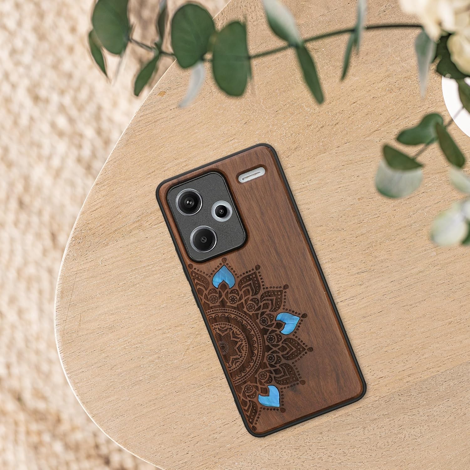 KW Xiaomi Redmi Note 13 Pro+ 5G Θήκη από Φυσικό Ξύλο - Design Rising Sun - Dark Brown / Mother of Pearl