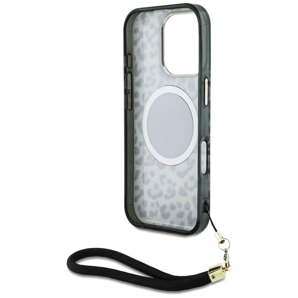 Guess iPhone 16 Pro - HC IML Leopard Triangle Cord Strap MagSafe - Σκληρή Θήκη με Πλαίσιο Σιλικόνης και Λουράκι - Black - GUHMP16LHLORSSK