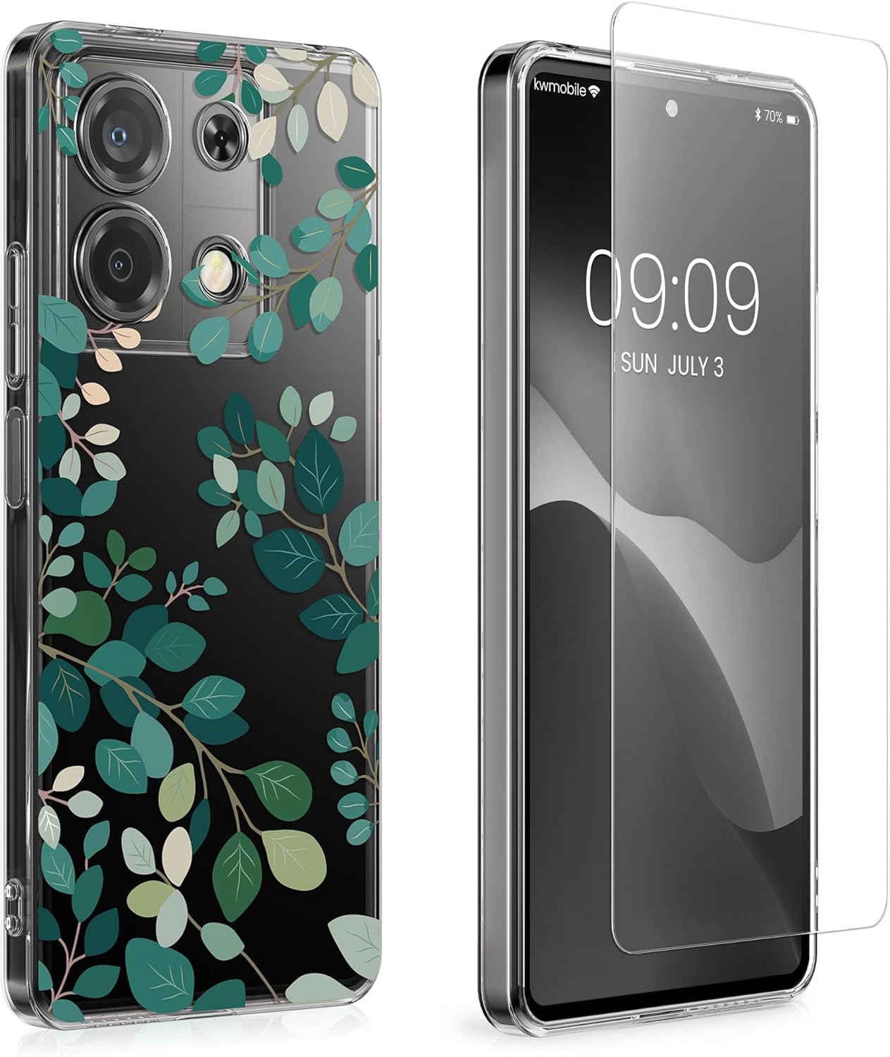 KW Xiaomi Redmi Note 13 5G Θήκη Σιλικόνης TPU με Αντιχαρακτικό Γυαλί - Design Spring Leaves - Green / Διάφανη