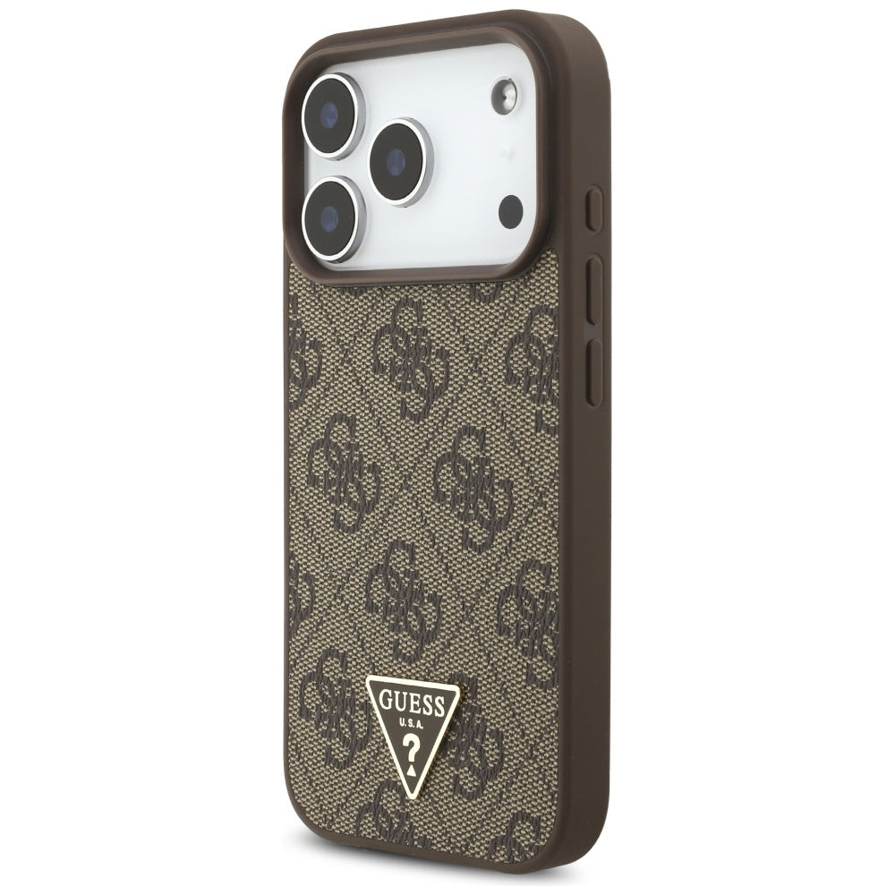 Guess iPhone 17 Pro - 4G Strap Triangle Logo MagSafe - Σκληρή Θήκη με Επένδυση Συνθετικού Δέρματος και Λουράκι - Brown - GUHMP17LP4TSDPPSW