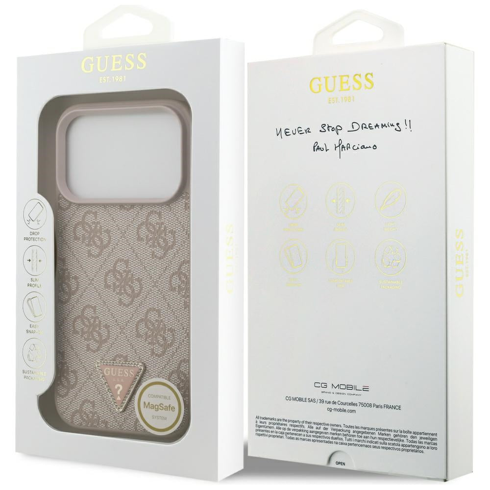 Guess iPhone 17 Pro - 4G Triangle Strass MagSafe - Σκληρή Θήκη με Επένδυση Συνθετικού Δέρματος - Pink - GUHMP17LP4TDPLP