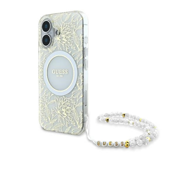 Guess iPhone 16 Plus - IML Flowers Allover Electro With Pearl Strap MagSafe - Σκληρή Θήκη με Πλαίσιο Σιλικόνης και Λουράκι - White / Διάφανη - GUHMP16MHCPOFPH