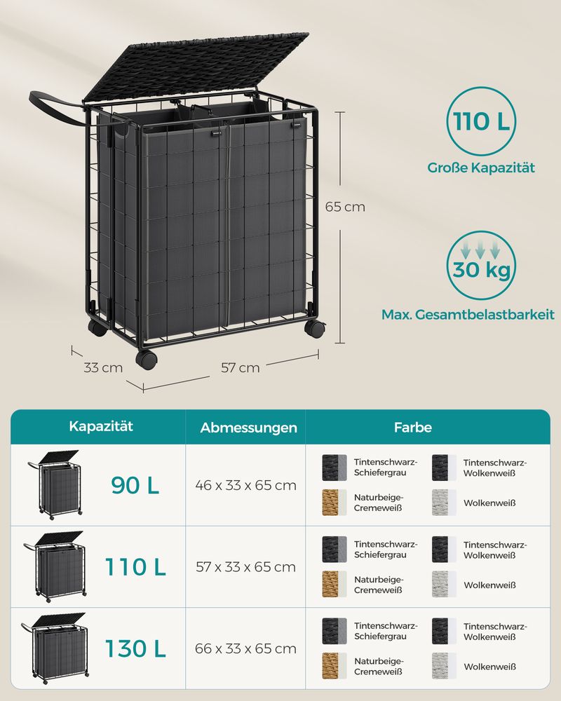 Songmics Τροχήλατο Αναδιπλούμενο Καλάθι Απλύτων με 2 Χωρίσματα και Καπάκι - 110L - Ink Black / Slate Grey - LCB211B11