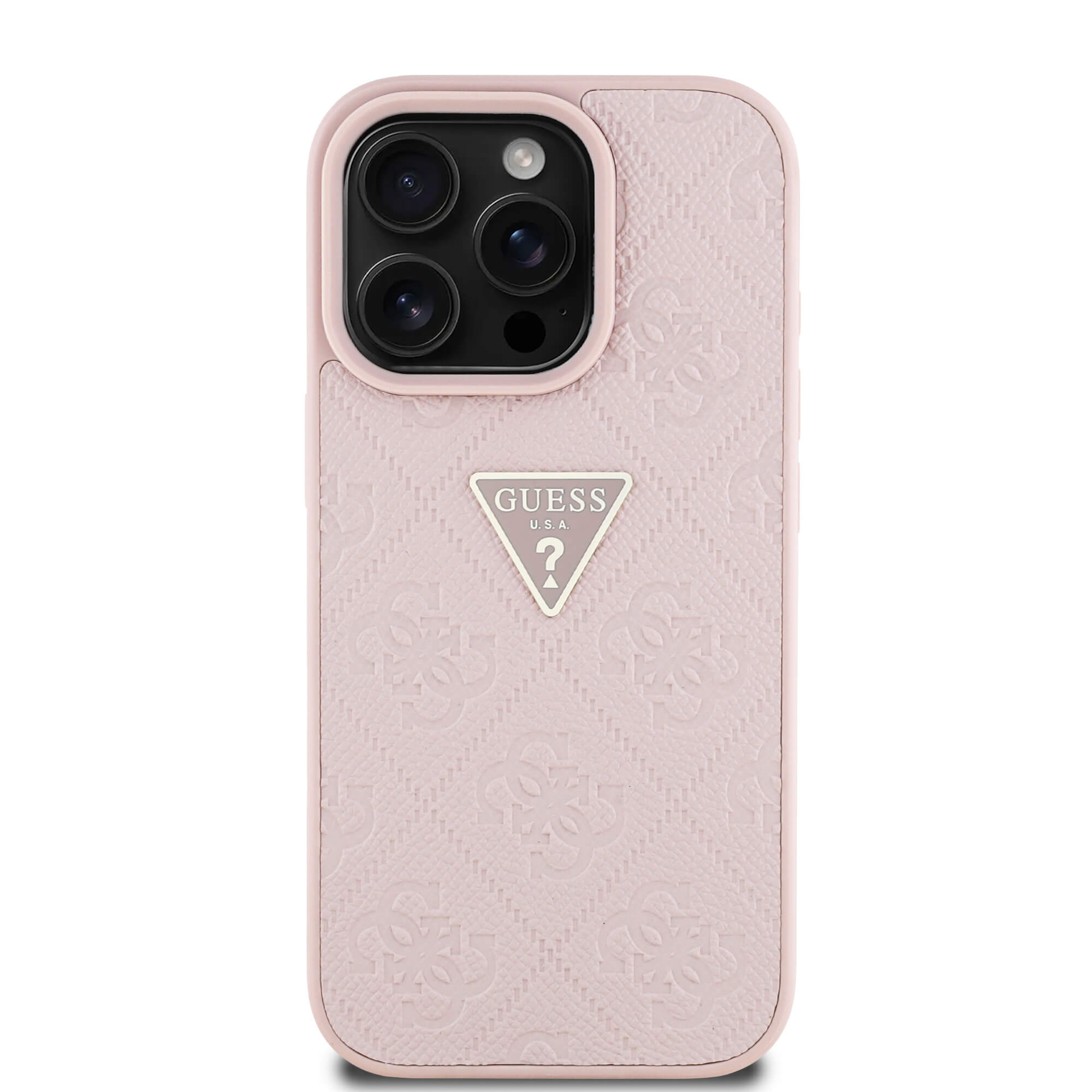 Guess iPhone 16 Pro - Hot Stamp 4G Pattern Triangle Metal Logo - Θήκη με Επένδυση Συνθετικού Δέρματος και Πλαίσιο Σιλικόνης - Pink - GUHCP16LPGP4STRP