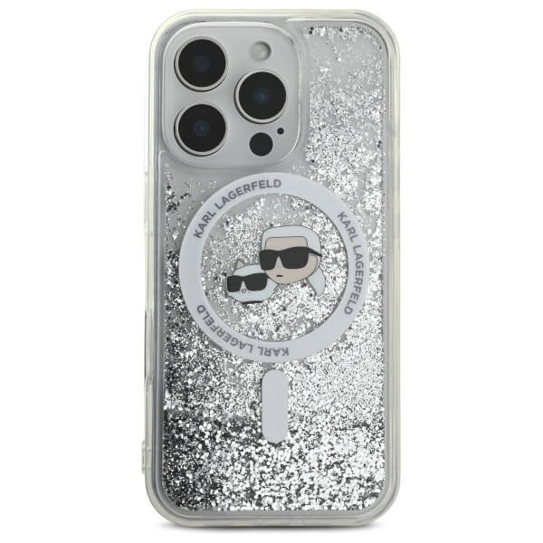 Karl Lagerfeld iPhone 16 Pro Max - Liquid Glitter Karl and Choupette Head - MagSafe Σκληρή Θήκη με Πλαίσιο Σιλικόνης - Διάφανη - KLHMP16XLGKCSGH