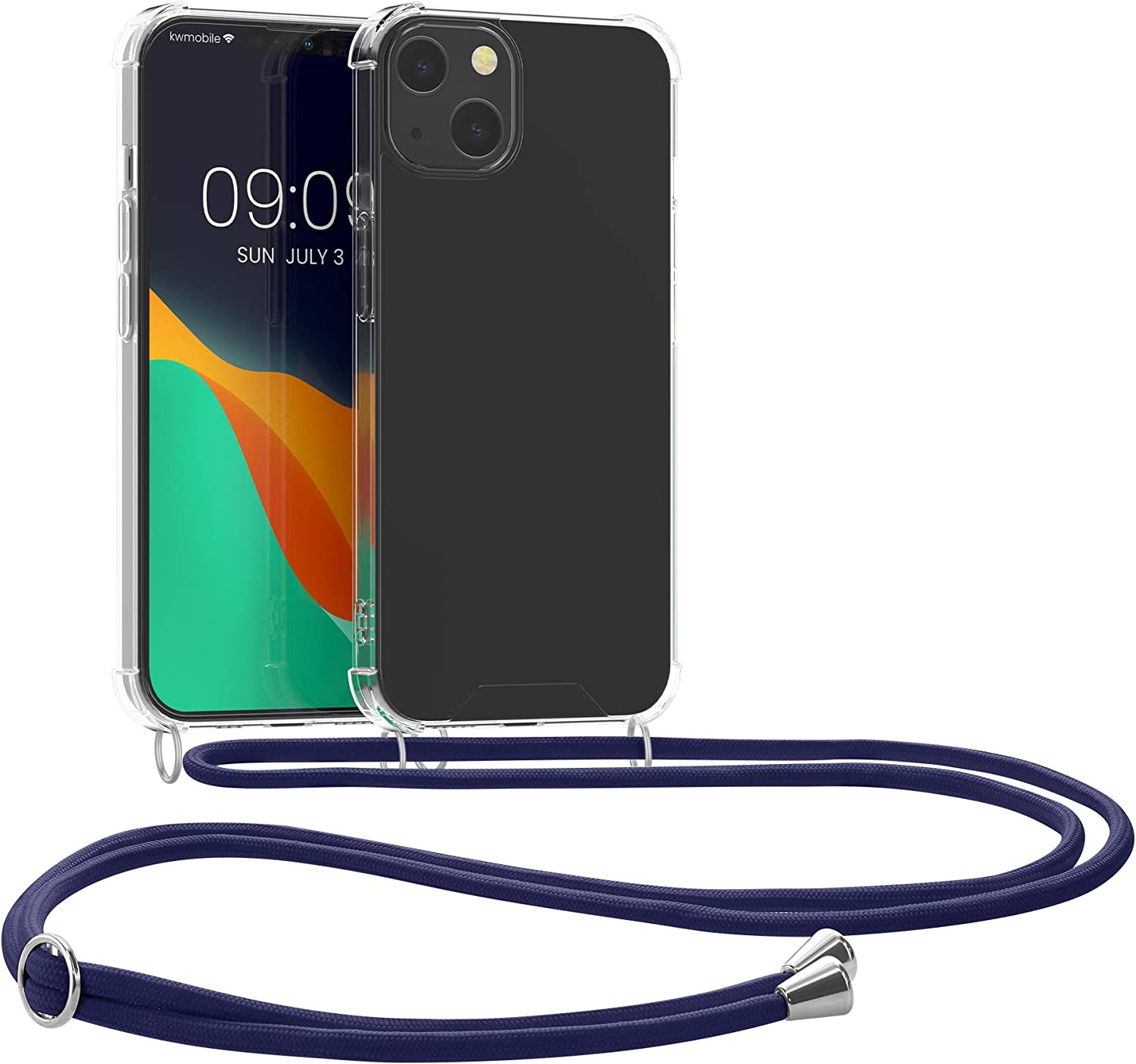 KW iPhone 13 Θήκη Σιλικόνης TPU με Λουράκι - Διάφανη / Blue - 55949.04