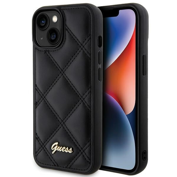 Guess iPhone 15 - Quilted Metal Logo Θήκη με Επένδυση Συνθετικού Δέρματος - Black - GUHCP15SPSQSQSK