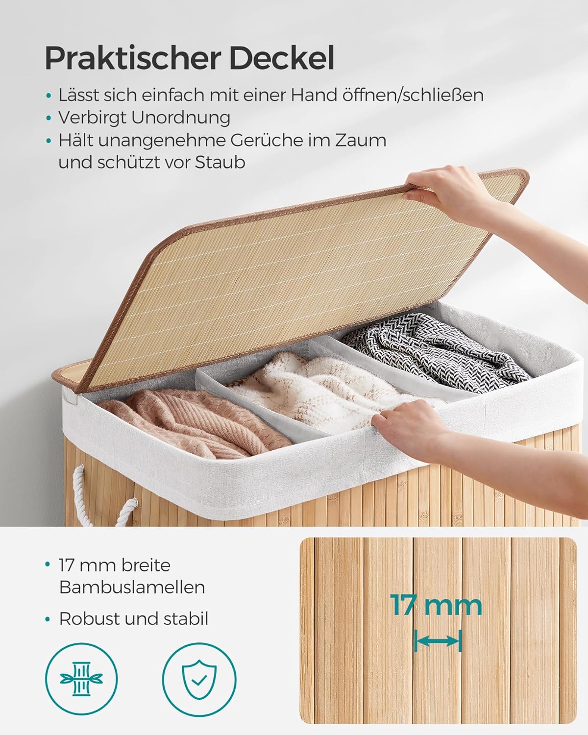 Songmics Καλάθι Απλύτων από Μπαμπού με 3 Διαμερίσματα - 150L - Natural - LCB091N01