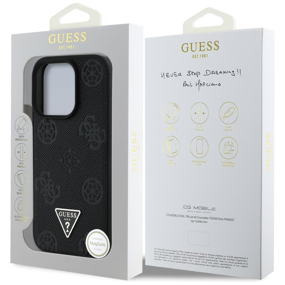 Guess iPhone 16 Pro - Grained Hot Stamp Peony Triangle Logo - MagSafe Σκληρή Θήκη με Επένδυση Συνθετικού Δέρματος - Black - GUHMP16LPGBTMK