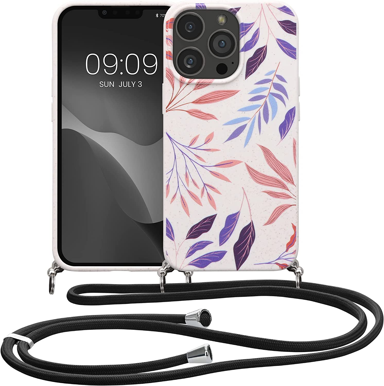 Kalibri iPhone 13 Pro Θήκη Σιλικόνης TPU με Λουράκι - Design Colourful Leaves - Blue / Deep Rusty Rose / Cream - 58554.01