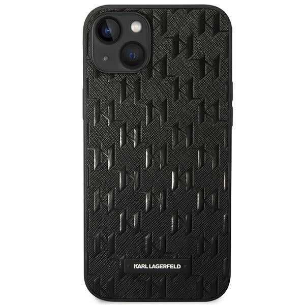 Karl Lagerfeld iPhone 14 Plus - Saffiano Mono Metal Logo Σκληρή Θήκη με Επένδυση Συνθετικού Δέρματος και Πλαίσιο Σιλικόνης - Black - KLHCP14MSAKLHPK