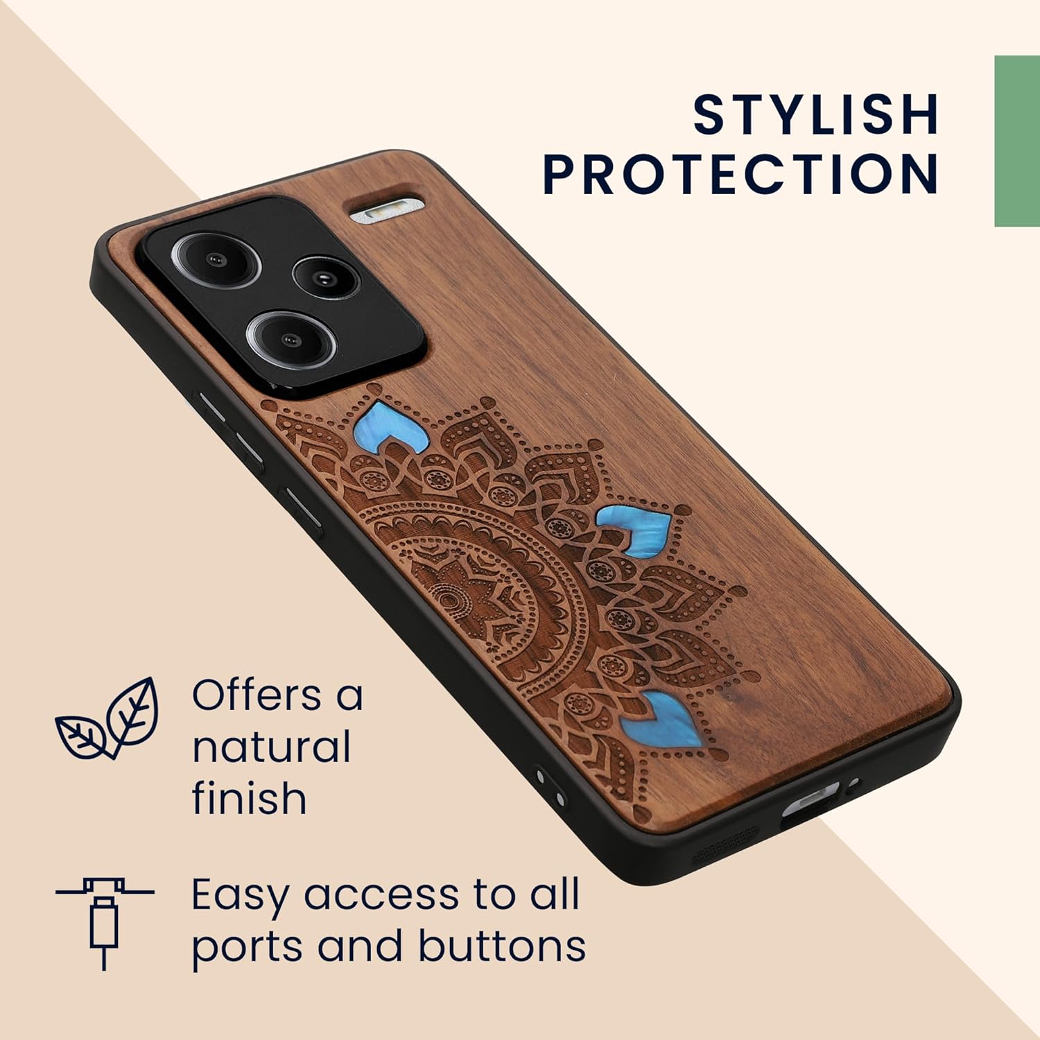 KW Xiaomi Redmi Note 13 Pro+ 5G Θήκη από Φυσικό Ξύλο - Design Rising Sun - Dark Brown / Mother of Pearl