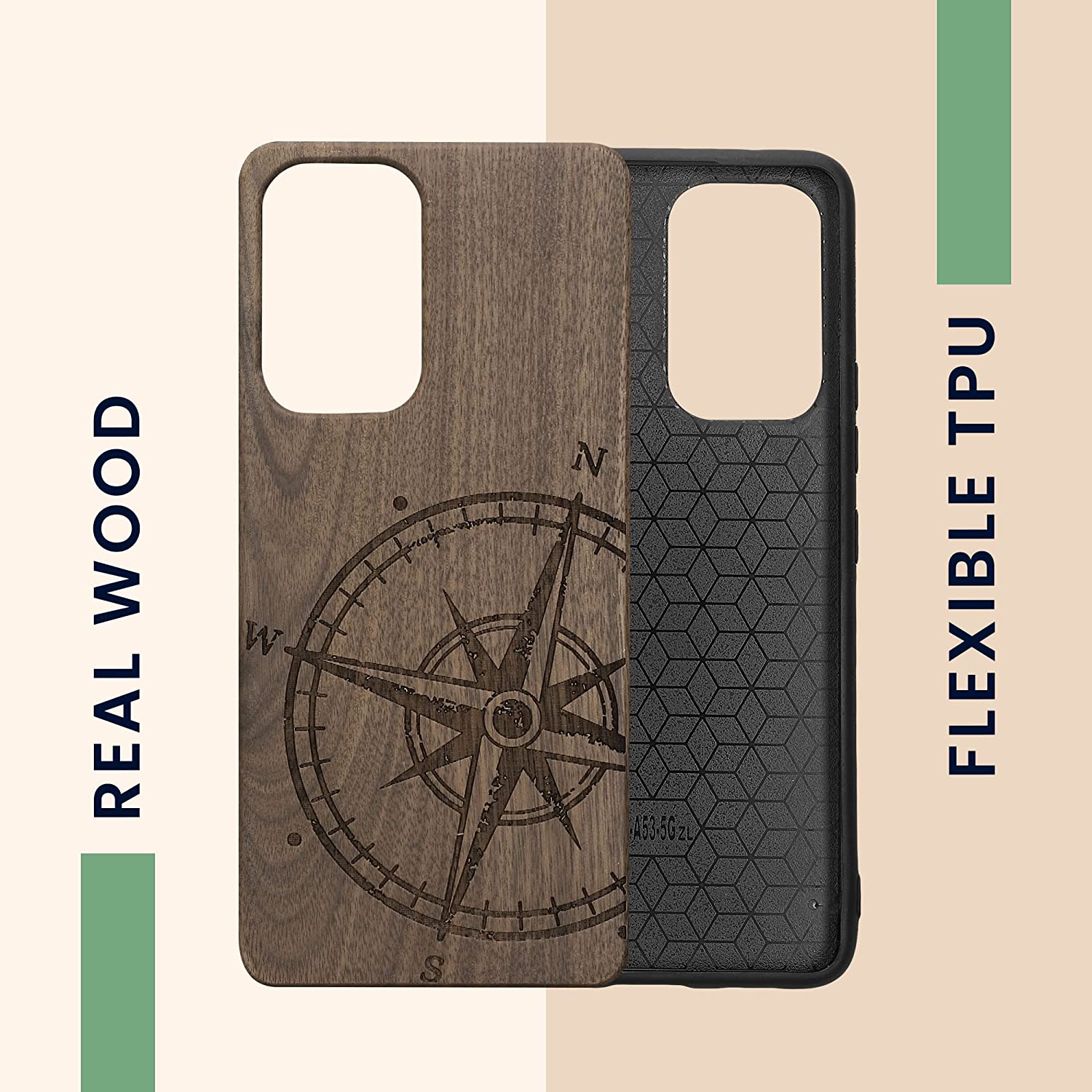 KW Samsung Galaxy A53 5G Θήκη από Φυσικό Ξύλο - Design Navigational Compass - Dark Brown - 58317.02