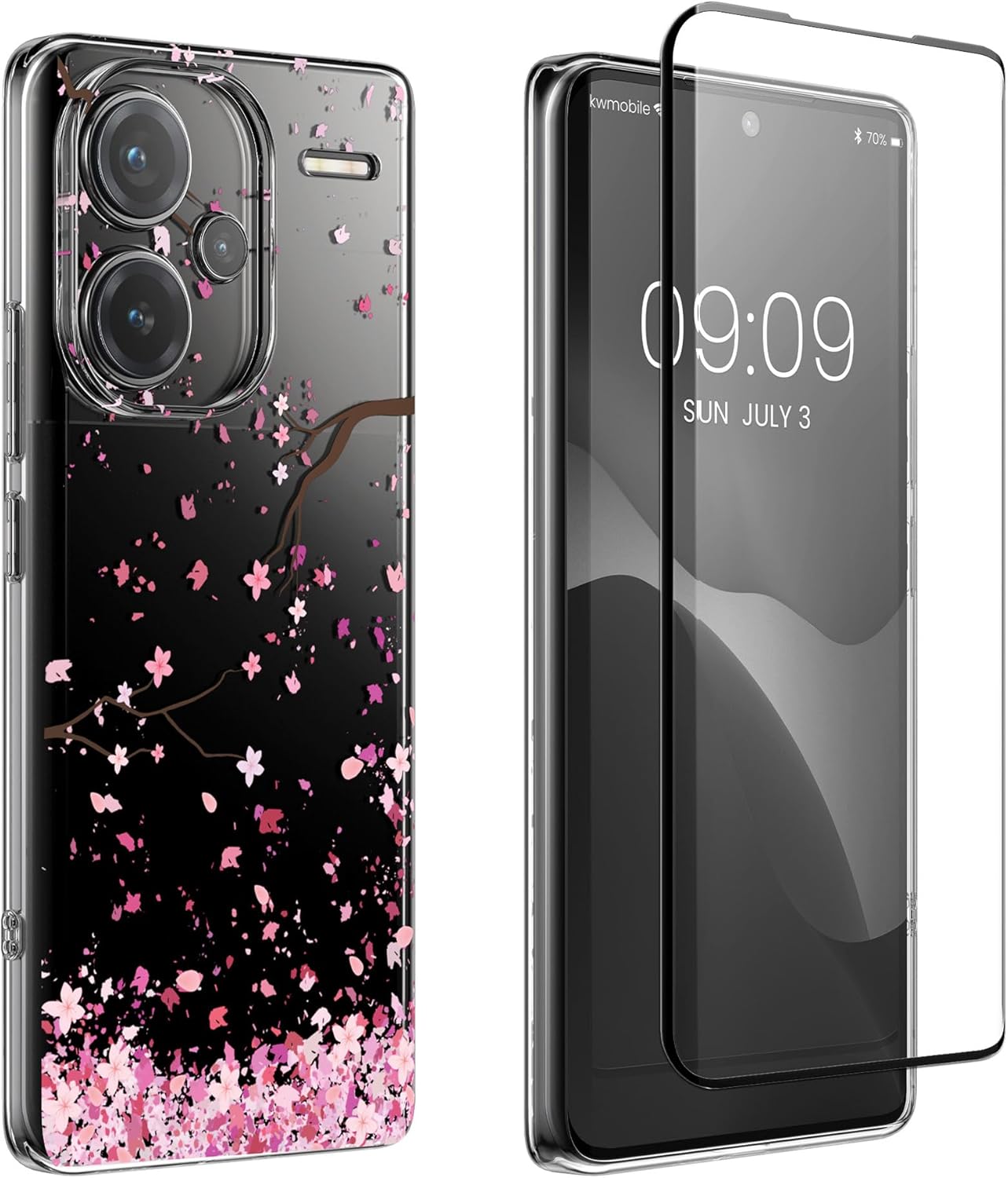 KW Xiaomi Redmi Note 13 Pro+ 5G Θήκη Σιλικόνης TPU με Αντιχαρακτικό Γυαλί - Design Cherry Blossoms Petals - Pink / Dark Brown / Διάφανη