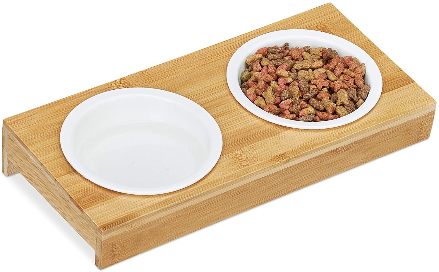 Relaxdays Ξύλινη Βάση από Μπαμπού με 2 Κεραμικά Μπολ για Κατοικίδια - 200 ml - Natural / White - 4052025325770