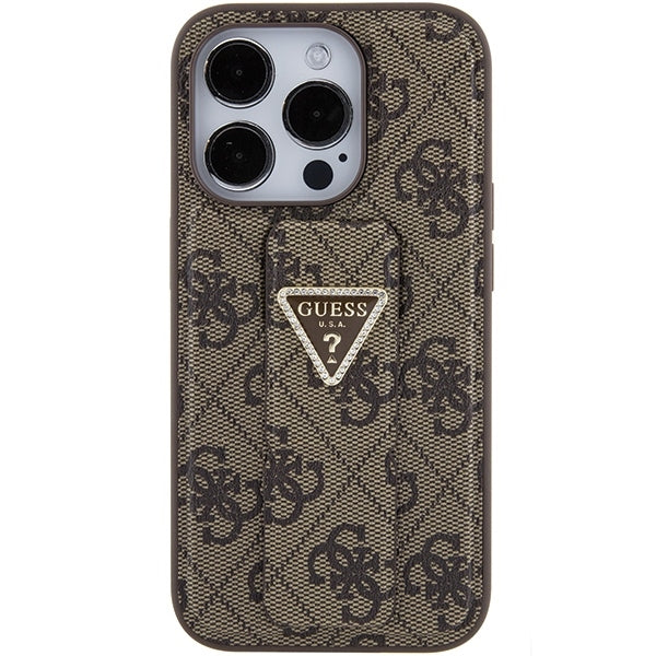 Guess iPhone 15 Pro Max Grip Stand 4G Triangle Strass Logo Θήκη με Επένδυση Συνθετικού Δέρματος και Stand - Brown - GUHCP15XPGS4TDW