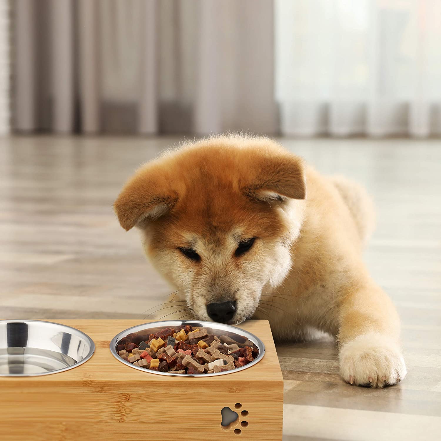 Relaxdays Ξύλινη Βάση από Μπαμπού με 2 Μπολ 300ml από Ανοξείδωτο Ατσάλι - Natural / Silver - 4052025288594