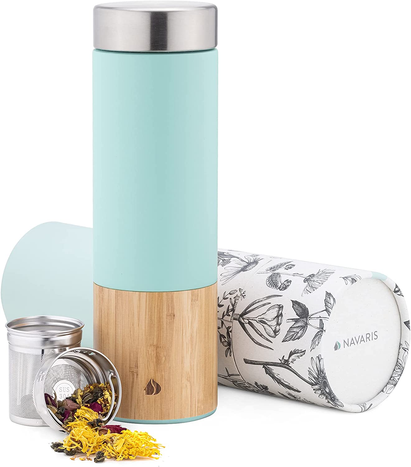 Navaris Tea Bottle Μπουκάλι Τσαγιού από Μπαμπού και Ανοξείδωτο Ατσάλι - 500ml - Turquoise - 54268.2.37
