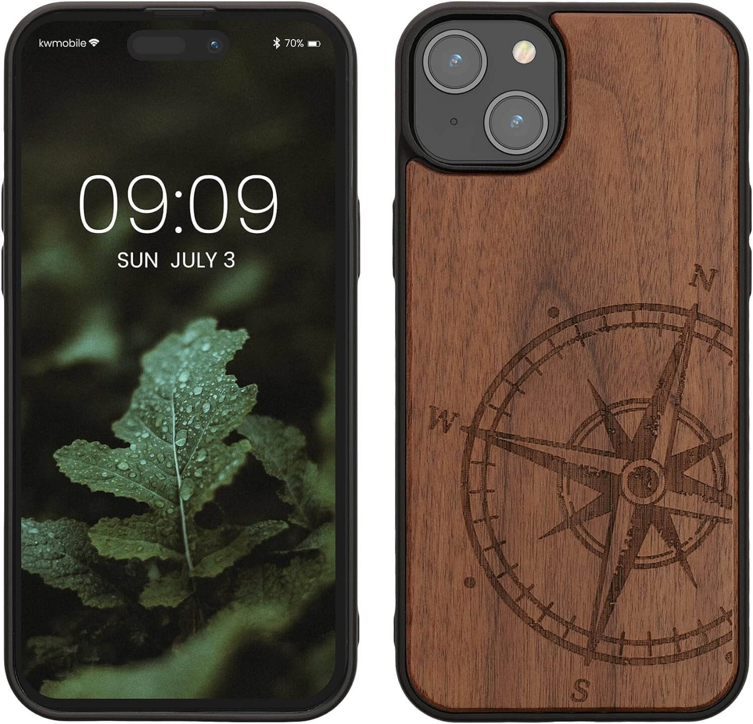 KW iPhone 15 Plus Θήκη από Φυσικό Ξύλο - Design Vintage Compass - Dark Brown - 62012.01
