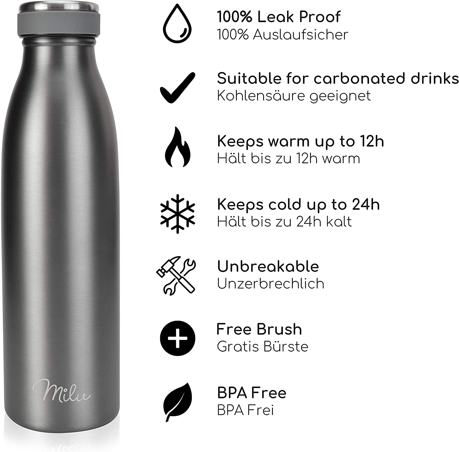 Milu T5 Stainless Steel Μπουκάλι Θερμός από Ανοξείδωτο Ατσάλι για Ζεστά και Κρύα Ροφήματα - 1000ml - Grey - 6505