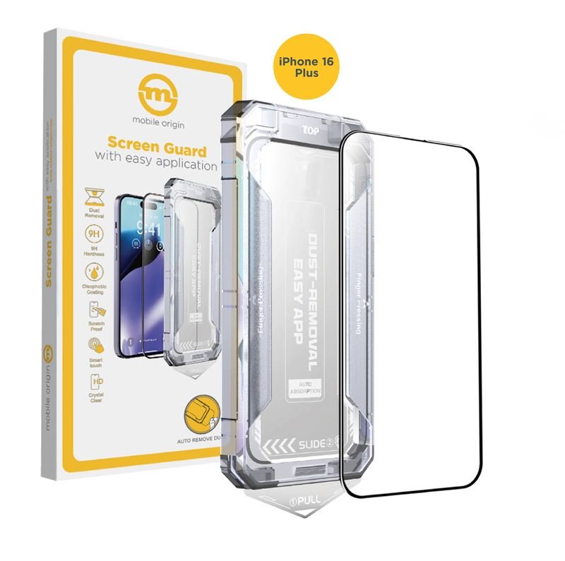Mobile Origin iPhone 16 Plus Yellow Screen Guard 9H Full Screen Αντιχαρακτικό Γυαλί Οθόνης με Πλαίσιο Τοποθέτησης - Black