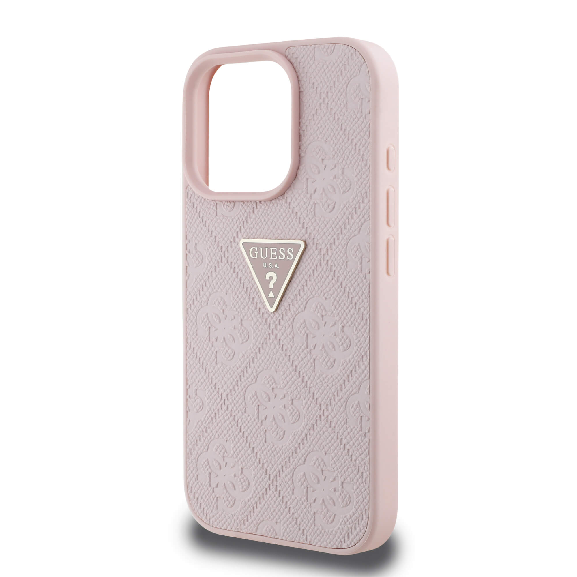 Guess iPhone 16 Pro - Hot Stamp 4G Pattern Triangle Metal Logo - Θήκη με Επένδυση Συνθετικού Δέρματος και Πλαίσιο Σιλικόνης - Pink - GUHCP16LPGP4STRP
