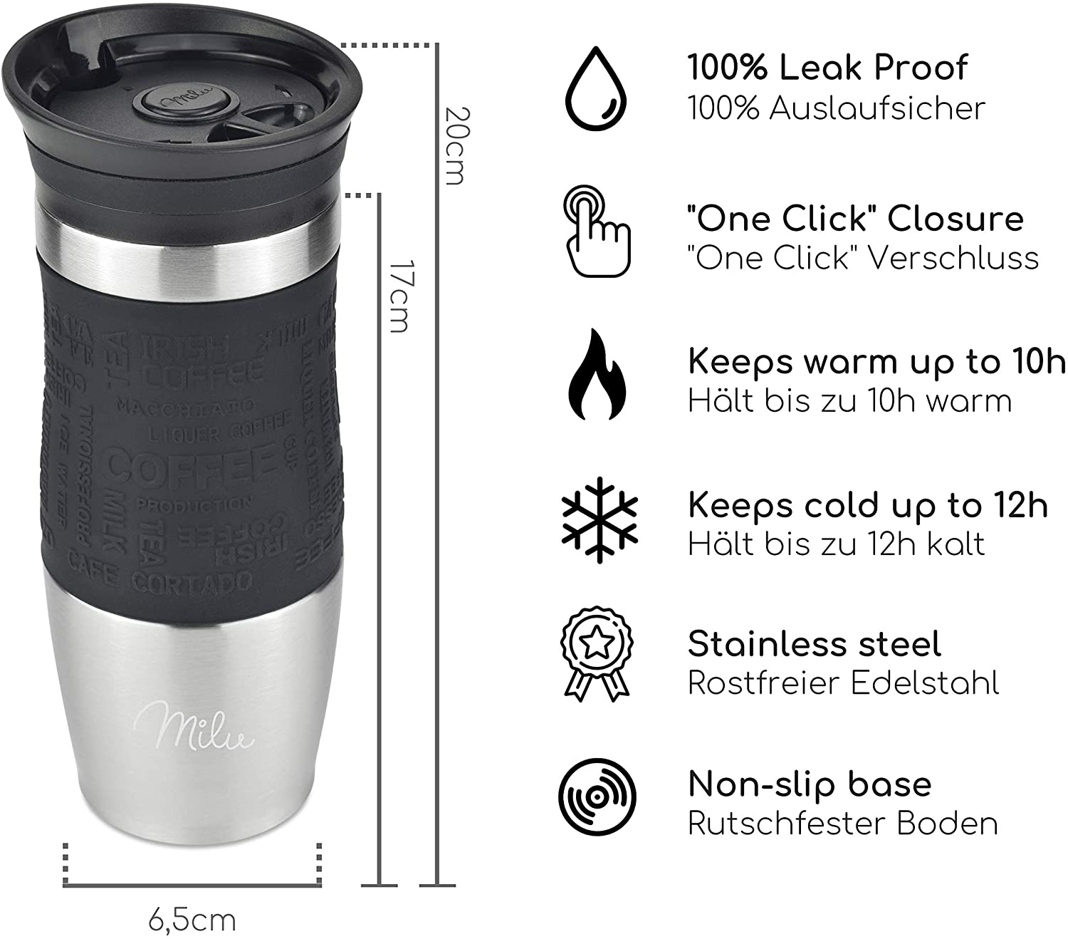 Milu T1 Κούπα Θερμός Από Ανοξείδωτο Ατσάλι - 100% Στεγανή - 370 ml - Black - 6017