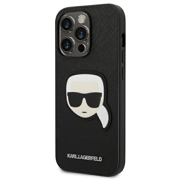 Karl Lagerfeld iPhone 14 Pro Max - Saffiano Karl's Head Patch Σκληρή Θήκη με Επένδυση Συνθετικού Δέρματος και Πλαίσιο Σιλικόνης - Black - KLHCP14XSAPKHK