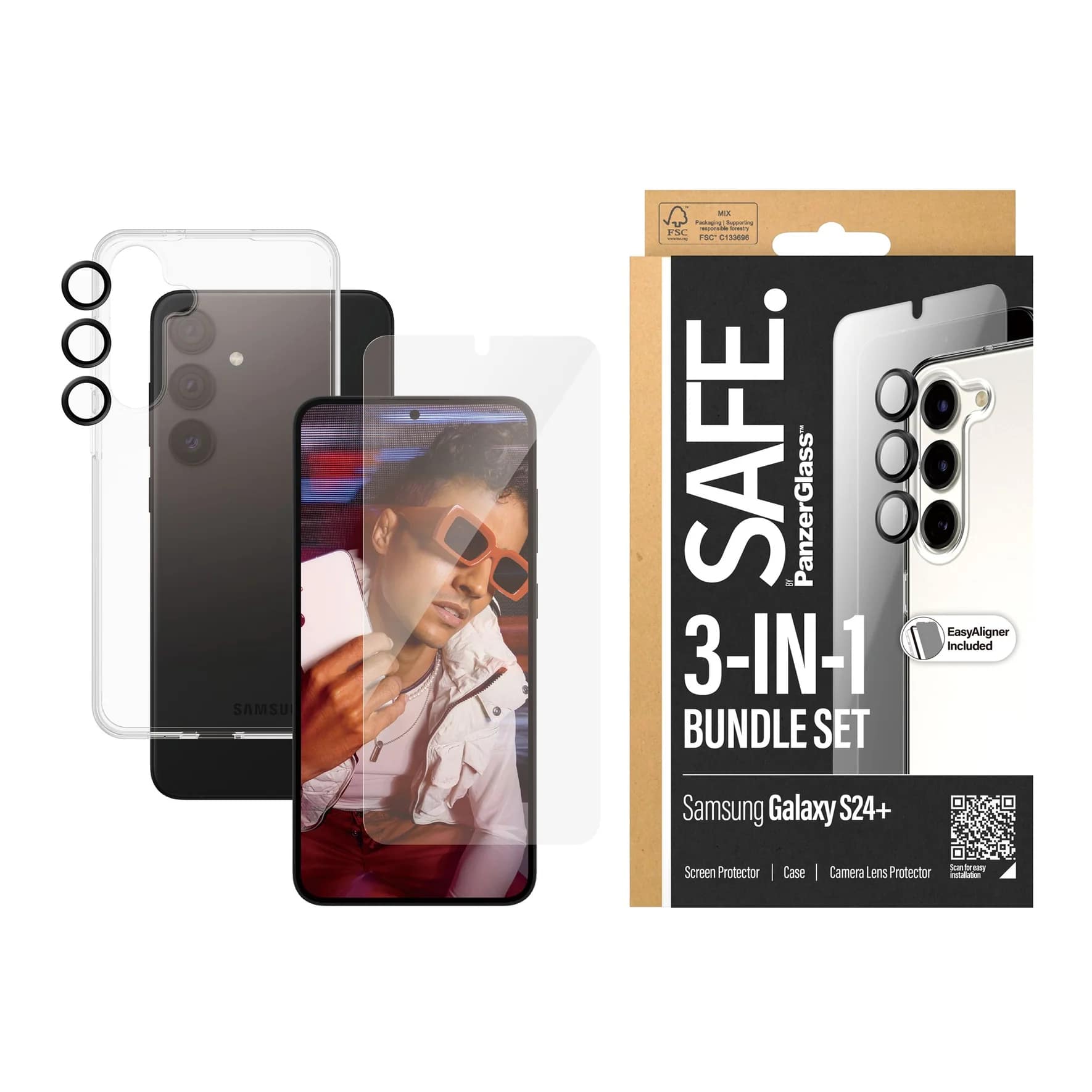 Safe by PanzerGlass Samsung Galaxy S24+ - 3-in-1 Bundle Set - Σετ με 1 Αντιχαρακτικό Γυαλί Οθόνης, 1 Αντιχαρακτικό Γυαλί για την Κάμερα και 1 Θήκη Σιλικόνης - Clear