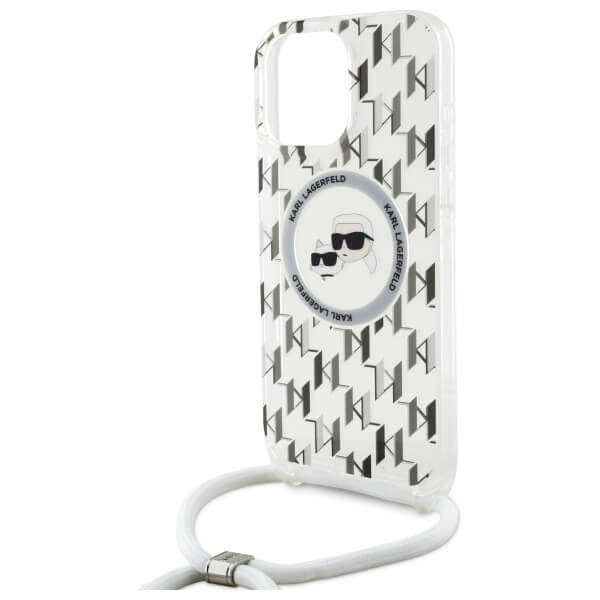 Karl Lagerfeld iPhone 16 Pro - IML Crossbody Monogram Karl and Choupette Head - MagSafe Σκληρή Θήκη με Πλαίσιο Σιλικόνης και Λουράκι - Διάφανη - KLHMP16LHCKCKLCT