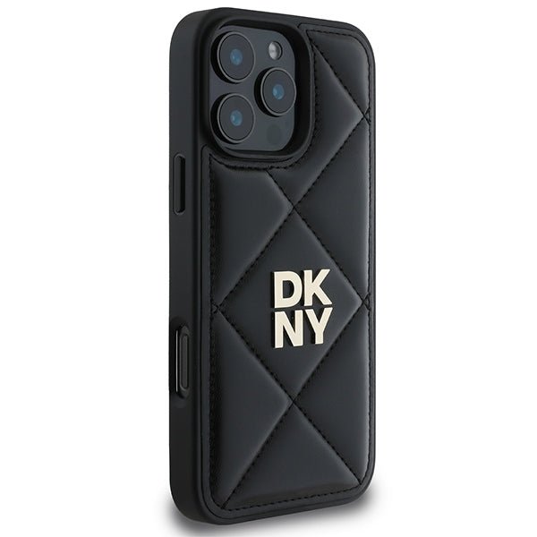 DKNY iPhone 16 Pro Max - Quilted Stack Logo Σκληρή Θήκη με Επένδυση Συνθετικού Δέρματος - Black