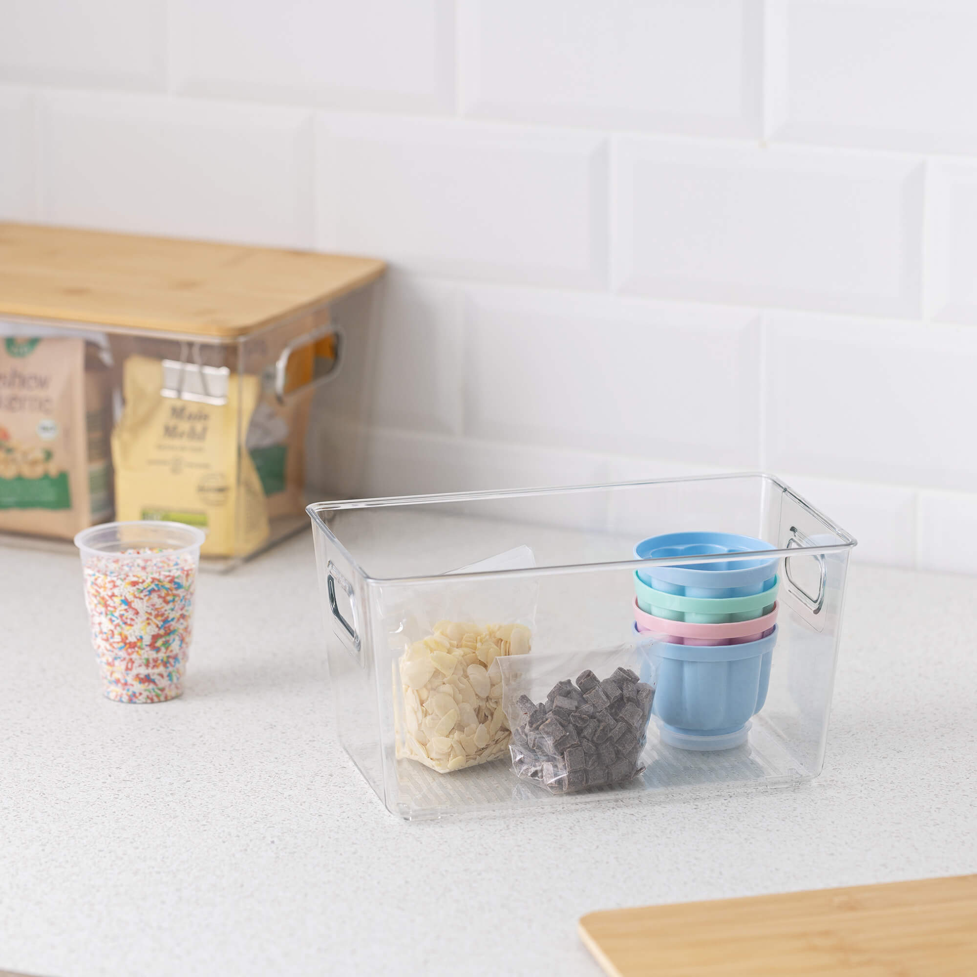 Navaris Σετ με 3 Πλαστικά Δοχεία Αποθήκευσης με Καπάκι από Μπαμπού - Διάφανα / Light Brown - 57032.01