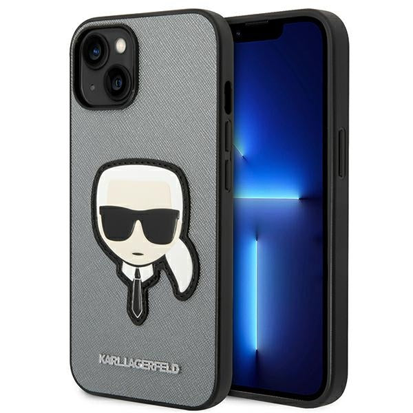 Karl Lagerfeld iPhone 14 Plus - Saffiano Karl's Head Patch Σκληρή Θήκη με Επένδυση Συνθετικού Δέρματος και Πλαίσιο Σιλικόνης - Silver - KLHCP14MSAPKHG