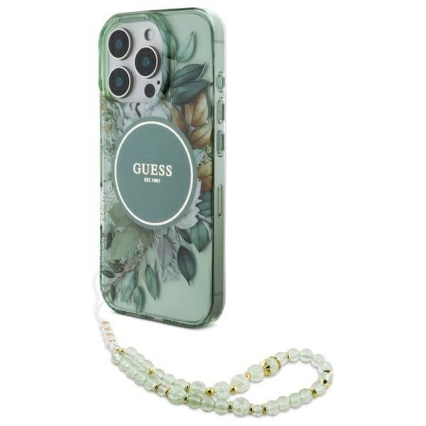 Guess iPhone 16 Pro - IML Flowers With Pearl Strap MagSafe - Σκληρή Θήκη με Πλαίσιο Σιλικόνης και Λουράκι - Green - GUHMP16LHFWBRCESN