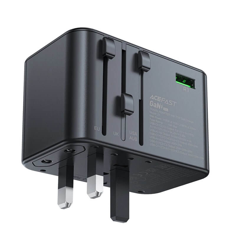 Acefast Z1 GaN 75W PD Φορτιστής Ταξιδίου με Ενσωματωμένα Βύσματα EU / UK / US / AUS με 3 Θύρες Type-C και 2 Θύρες USB - Black