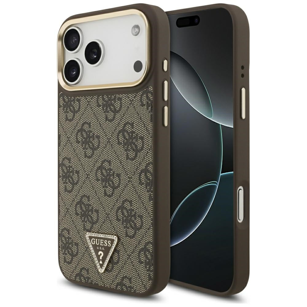 Guess iPhone 17 Pro Max - 4G Triangle Strass Logo MagSafe - Σκληρή Θήκη με Επένδυση Συνθετικού Δέρματος - Brown / Gold - GUHMP17XP4GTDGMW