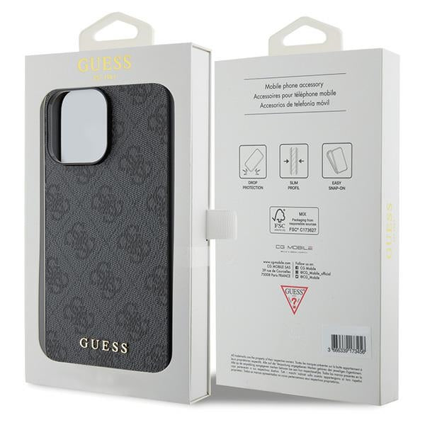 Guess iPhone 15 Pro Max - 4G Metal Gold Logo Σκληρή Θήκη με Επένδυση Συνθετικού Δέρματος - Grey - GUHCP15XG4GFGR