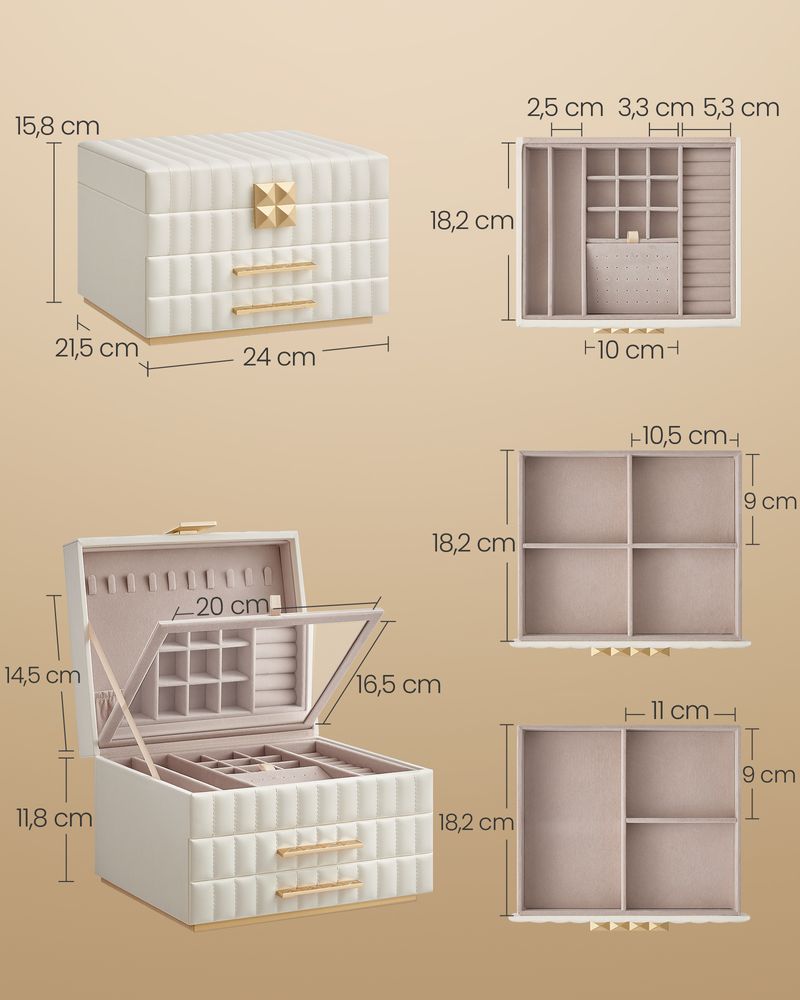 Songmics Home Anah Collection Κουτί Αποθήκευσης Κοσμημάτων με 3 Επίπεδα και Καθρέπτη - Cloud White - JBC183W01