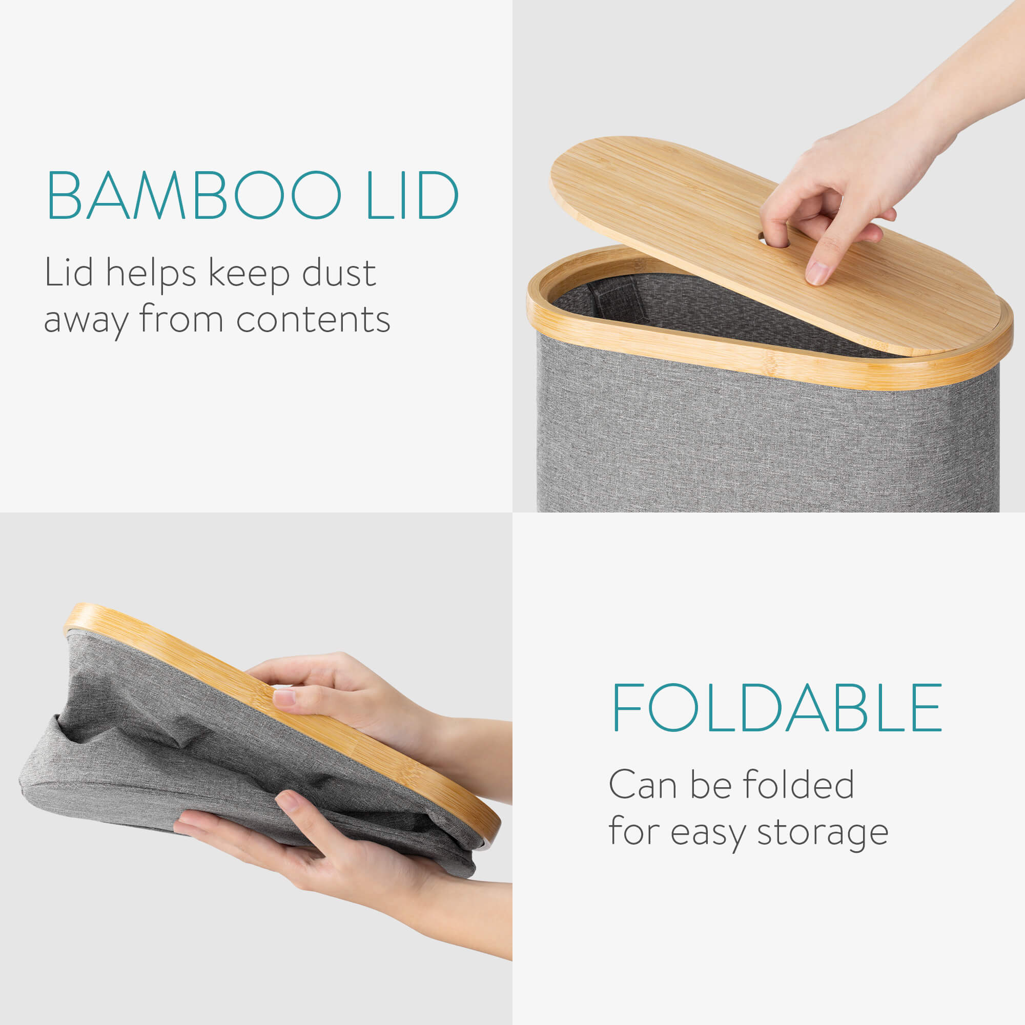 Navaris Σετ 2 Υφασμάτινα Κουτιά με Καπάκι από Μπαμπού - Grey - 56457.01