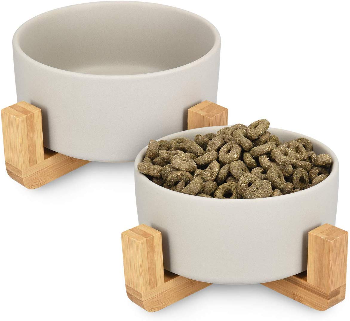 Navaris Cat Bowls with Wood Stands - Σετ με 2 Μπολ Φαγητού και Νερού με Βάση από Μπαμπού για Κατοικίδια - Grey / Brown - 48350.22